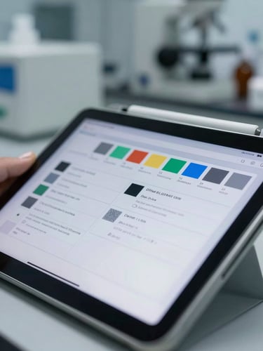 Detailed close-up of digital calibration log on a tablet screen inside a sterile pharmaceutical laboratory, cleanroom background.