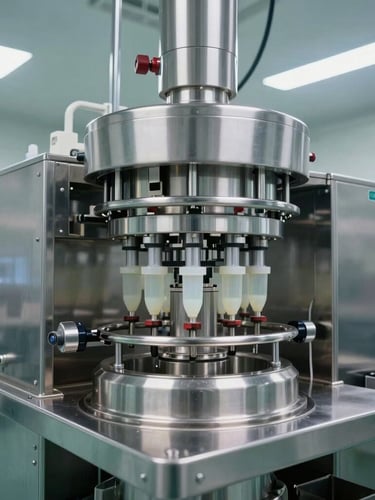 A sterile pharmaceutical cleanroom with automated liquid filling lines, stainless steel machinery, cool bright overhead lighting, vertical alignment.