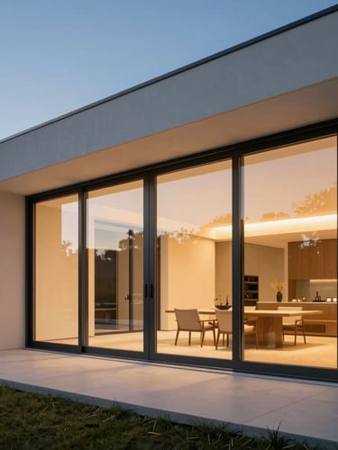 A minimalist modern home exterior at twilight, featuring expansive floor-to-ceiling uPVC sliding doors with clean charcoal frames, warm interior light glowing through the high-clarity double glazing.