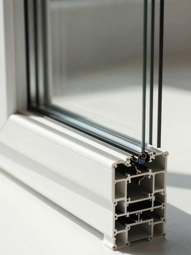 Crisp architectural technical drawing of a multi-chambered uPVC window profile, showing internal steel reinforcement and triple-gasket seals, natural side lighting, high-contrast details.
