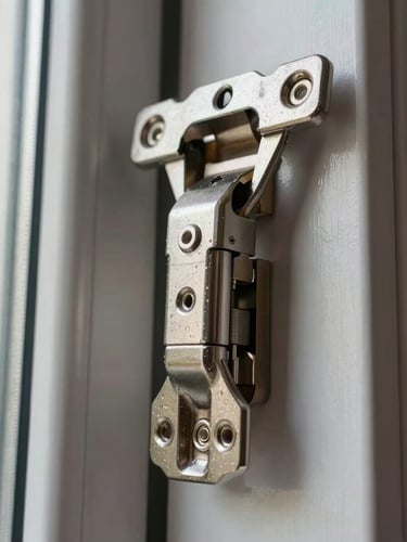 Macro close-up of a heavy-duty German-engineered tilt-and-turn window hinge mechanism, clean anodized steel, dramatic low-angle architectural lighting.