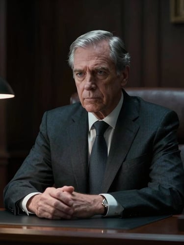 Low-key dramatic portrait of a senior male attorney in a dark tailored suit, sitting behind a dark oak desk with focused desk light, solemn expression, cool silver tones, shallow depth of field.