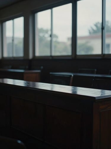 Dramatic low-key photography of an empty, solemn courtroom in Toluca, cool overcast daylight filtering through large windows, deep charcoal tones, cinematic 35mm film, shallow depth of field.