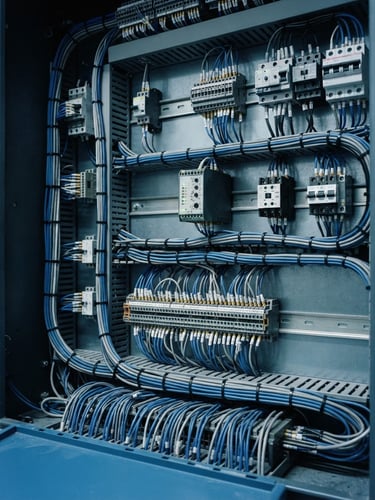 Close-up of organized wiring inside a technical protection panel, clean slate and blue tones, crisp technical lighting, sharp focus, 35mm