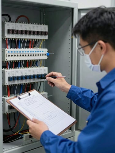Focused medium shot of an electrical engineer in full safety PPE operating a calibrated relay test set, organized wiring inside a control panel, technical slate lighting