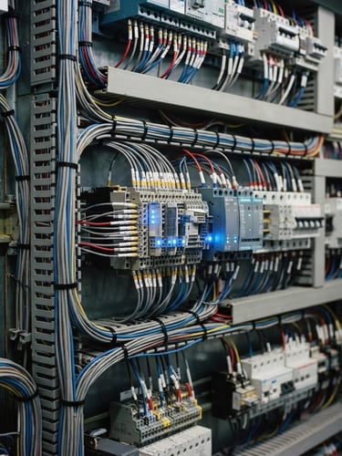Close-up of organized electrical wiring inside a power system protection panel, technical blue indicators, crisp technical lighting, 35mm