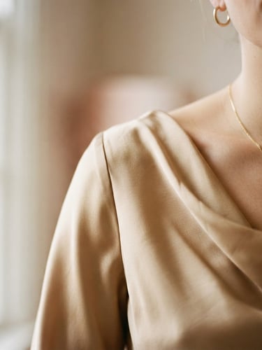 Close-up of a luxurious silk dress drape in warm champagne color, soft window light casting gentle shadows, elegant minimalist jewelry visible on skin, 35mm photography