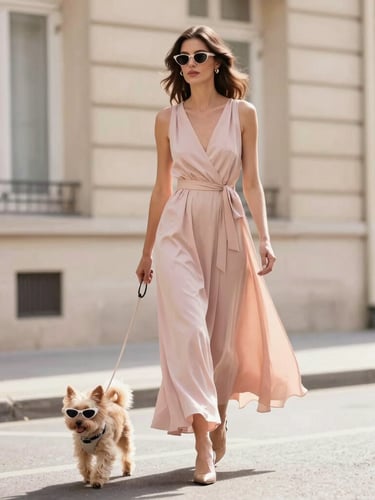 Full-length editorial shot of an elegant woman in a flowing blush pink dress walking a small chic dog wearing tiny stylish sunglasses, sunny Parisian street, soft focus, high-fashion magazine style