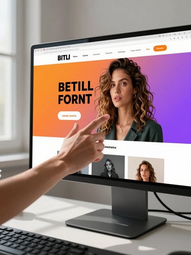 Close-up of a large monitor on a clean desk displaying a custom website layout with bold typography and vivid color sections, a woman with wavy highlighted hair gesturing at the screen with one hand, natural window light from the left casting soft shadows, keyboard partially visible in the foreground