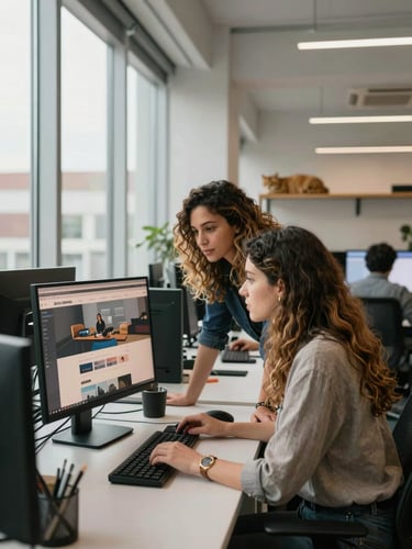 Wide office environment shot from mid-distance, two women with wavy highlighted hair leaning over a monitor displaying a website design mockup, natural daylight flooding in from tall windows to the left, a yellow cat asleep on a desk shelf in the background, other team members working at computers visible in the open workspace