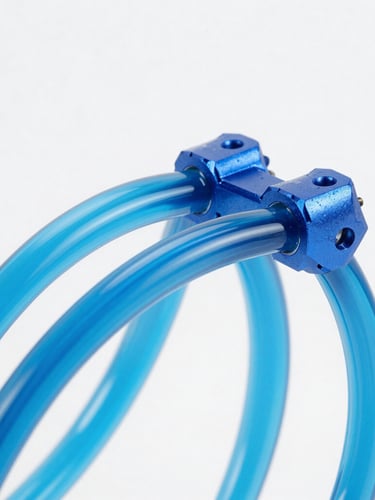 Crisp studio product photography, macro close-up of custom liquid cooling loops with electric blue fluid, clean white background, high-key lighting, 50mm lens