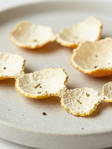 Macro close-up of citrus peel and dried herbs on a neutral stone plate, diffused morning daylight, shallow depth of field, 35mm