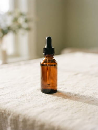 An elegant amber glass dropper bottle casting a soft shadow on a textured cream linen surface, warm morning daylight, shallow depth of field