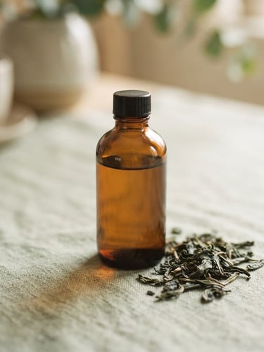 Minimalist amber glass bottle on a textured linen surface, soft morning light casting gentle shadows, macro shot of green tea leaves nearby, 35mm