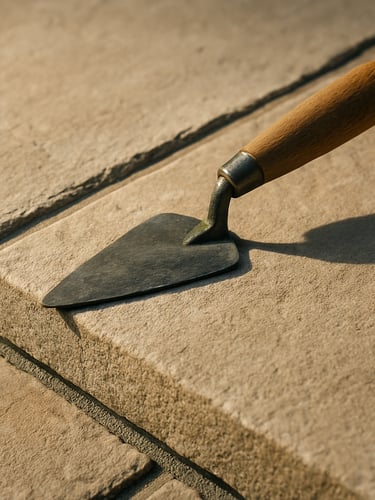 Close detail of a freshly pointed patio edge, trowel resting on the stone surface, mortar joint clean and precise, natural afternoon light raking across the texture