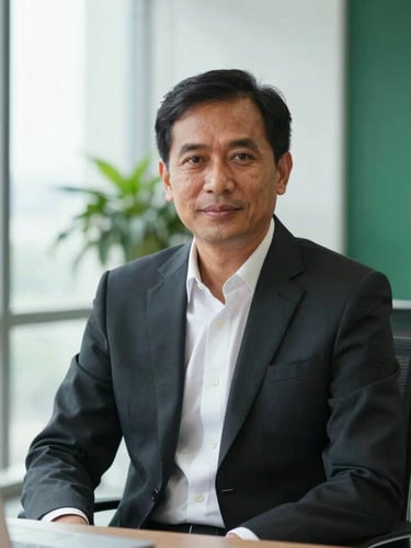 Crisp portrait of CEO Abg. Steven Tipan sitting in a modern high-end office, wearing a professional suit, soft natural window light, deep forest green accents in background, 35mm lens, clean editorial style.