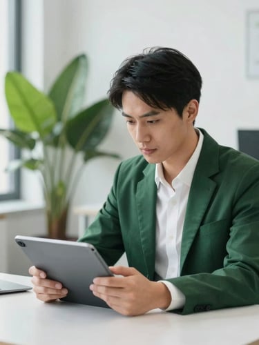 A focused professional entrepreneur analyzing data on a tablet in a bright, modern office with soft green plants in the background, clean daylight.