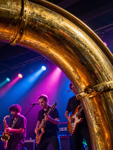 Dynamic low-angle shot of a brass section catching neon stage lights, musicians in motion, 35mm lens