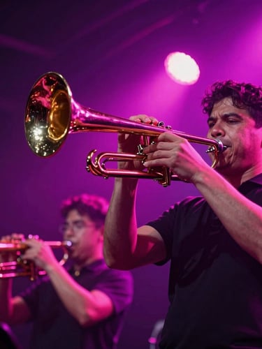 Dynamic low-angle action shot of a live brass section in motion, stage lights catching the polished metal, neon magenta backlighting, 35mm lens