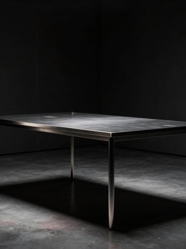 A sleek, dark studio setting with soft volumetric glow illuminating a high-end metal work table, minimal architectural details, moody cinematic atmosphere.