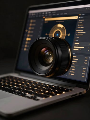 Macro portrait close-up of a sleek laptop displaying a dark luxury interface with glowing gold UI elements, low-key studio lighting, 35mm lens