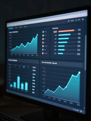 Dark marketing dashboard showing glowing SEO graphs, social media analytics, and performance growth charts on a screen