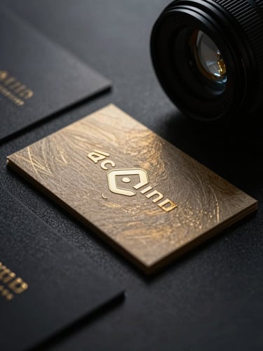 Close-up macro shot of premium embossed business cards resting on a dark obsidian surface, dramatic low-key studio lighting, gold foil accents catching a soft volumetric glow, 35mm lens.
