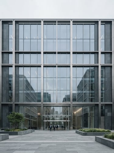 Wide architectural angle of a modern steel and granite corporate headquarters facade in London, soft diffused overcast daylight, cool desaturated tones, clean minimalist composition.