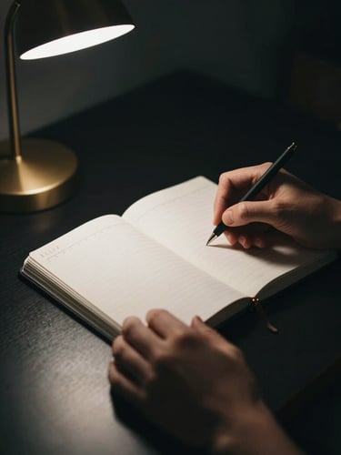Close-up of hands writing in a minimalist analog planner on a dark desk, soft desk lamp glow, shallow depth of field, 35mm, moody low-key photography