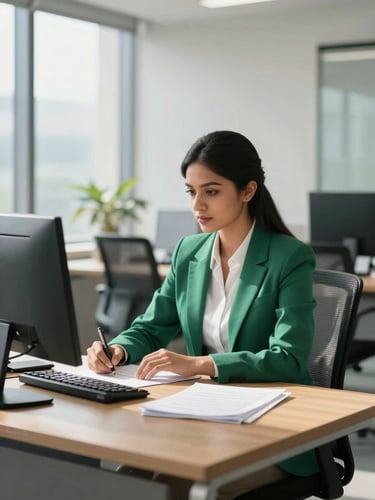 A clean, modern sunlit office in Bengaluru, a professional advisor sitting at a wooden desk with legal documents, soft natural light, shallow depth of field