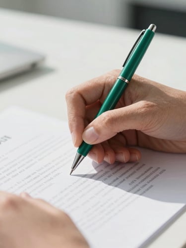 Macro close-up of hands signing official incorporation documents on a clean slate table, high contrast, emerald green pen accent, bright morning light