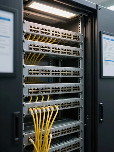 Close-up of network cable patch panels inside a modern enterprise data center, rows of structured cabling neatly organized, bright overhead fluorescent lighting casting sharp shadows, clean technical documentation framing