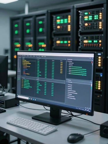 Wide-angle view of a database administration console on a large monitor in a dimly lit server operations room, green and amber status indicators glowing across racks in the background, clean and precise framing, professional documentary lighting
