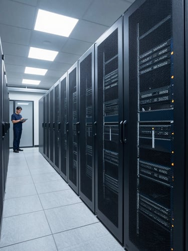 Wide environmental shot of an enterprise server room corridor, tall blade server racks stretching into the distance under bright cool-white overhead lighting, a single technician visible in the far background reviewing a tablet, clean and ordered infrastructure