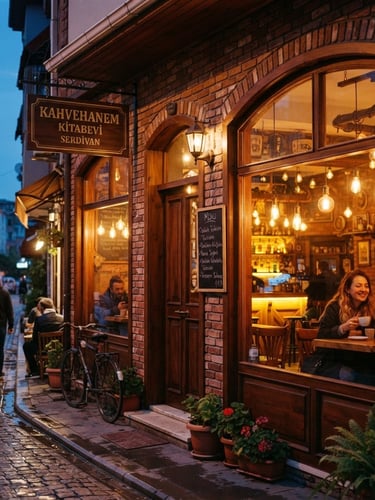 Warm editorial photography, twilight exterior of a cozy retro cafe in Serdivan, warm amber light glowing from windows, exposed brick details, 35mm film