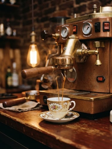 Warm editorial photography of a vintage copper espresso machine pouring rich espresso into an antique porcelain cup, soft amber lighting, brick wall background, shallow depth of field