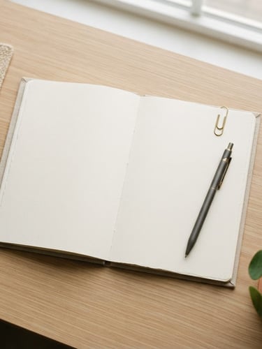Overhead minimalist desk shot, clean paper notebook, elegant pen, brass paperclip, soft natural light, warm neutral tones, 35mm lens