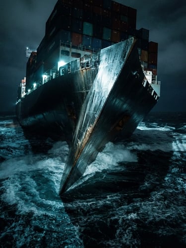 Wide dramatic low-angle shot of a massive container ship hull slicing through dark deep-sea water, cool-toned laboratory style lighting, sharp focus on the steel prow, 35mm