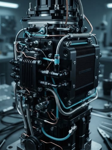 Sleek industrial photography of a high-precision thermodynamic core component, cool laboratory lighting, deep obsidian and cyan tones, sharp macro focus, 35mm