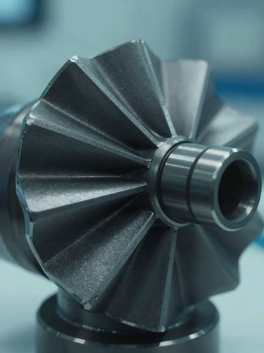 Macro close-up of a precision-machined marine alloy turbine component, cool-toned laboratory lighting, deep obsidian shadows, sharp focus on the metallic grain, 35mm