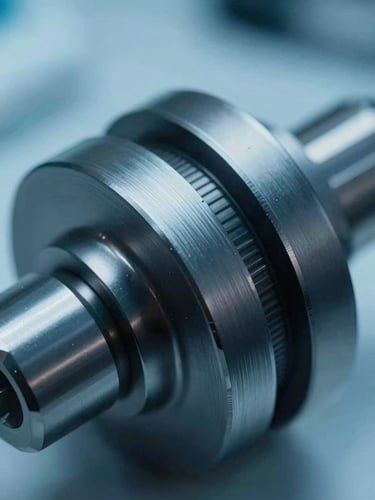 Macro close-up of a high-precision machined alloy component with clean technical lines, cool laboratory lighting, deep obsidian and cyan tones, sharp focus, 35mm