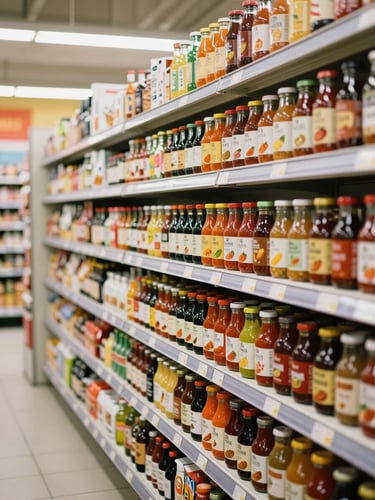 Bright environmental interior shot of a bustling Asian supermarket aisle in Berlin, shelves stacked with colorful authentic sauces and packages, warm ambient light, 35mm