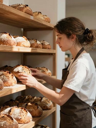 Medium candid shot of a local bakery owner in her sunlit workspace, arranging fresh organic bread on wooden shelves, natural daylight, soft shadows, warm tones.