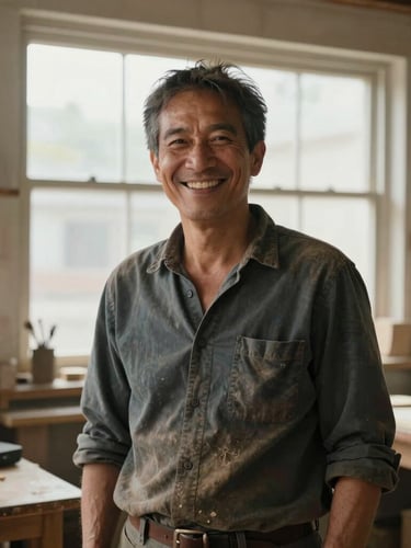 A local workshop owner smiling warmly in natural window daylight, dusty wooden surroundings, unposed and authentic portrait.