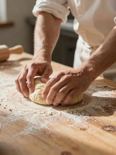 Close-up of a local baker working in a sunlit kitchen, hands kneading dough on a rustic wooden counter, warm natural daylight, soft shadows, eye-level candid shot.