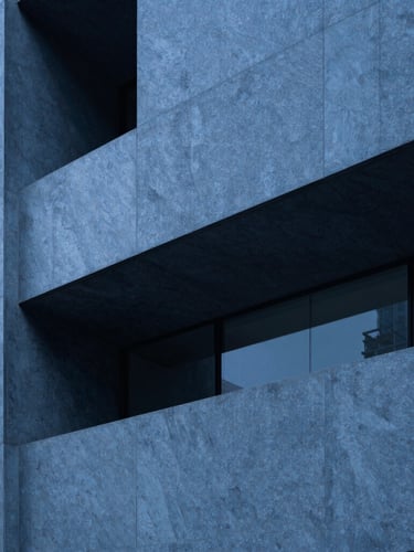 Abstract geometric concrete architecture with sharp shadows, crisp blue slate lighting, professional corporate environment, 50mm lens