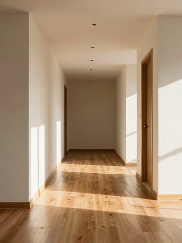 Sleek, sunlit modern apartment interior in Kharadi, clean straight-on perspective, warm afternoon sunlight hitting wooden floors, high-contrast details