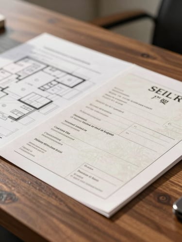 Close-up of legal property title deeds and architectural floorplans on a dark oak desk, warm natural side light
