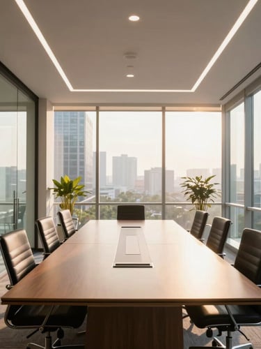 Straight-on interior perspective of a modern, sunlit conference room in a Kharadi corporate office, clean glass walls, warm afternoon light.