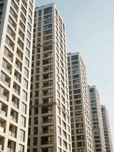 Bright natural afternoon sunlight reflecting off sleek high-contrast modern apartment towers in Kharadi, clean architectural perspective, 35mm lens